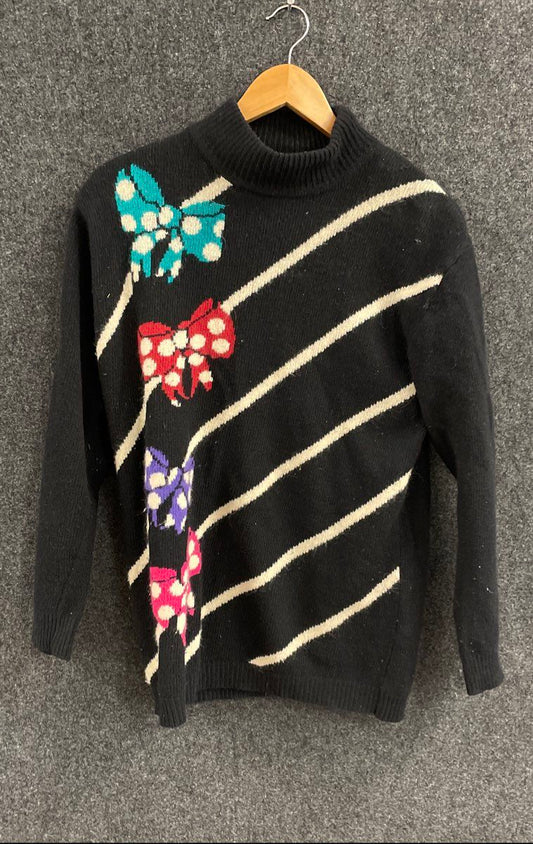 SK & Company Women's Vintage 90s Black Bow Stripe Lambswool Angora Sweater Sz S
