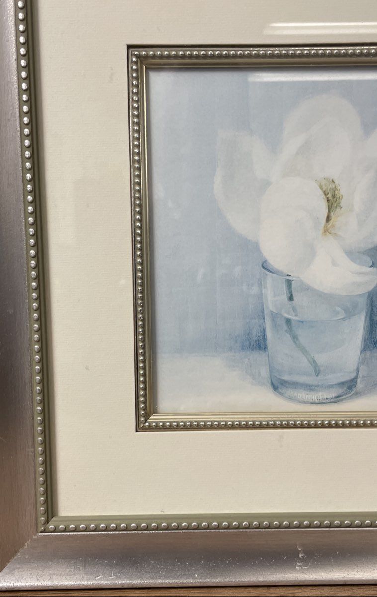 Framed Floral Art Print White Magnolia in Glass Still Life 15x15 Signed