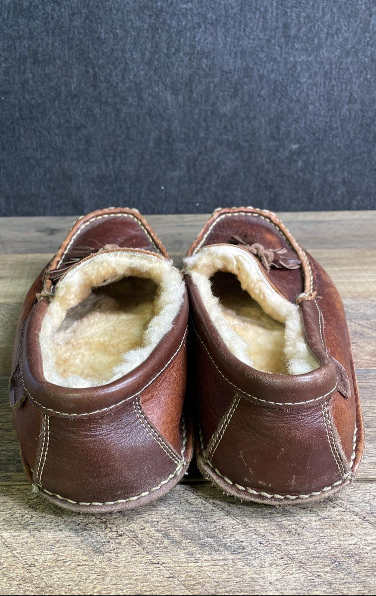 Cabela's Shearling Lined Brown Leather Tassel Moccasin Slippers Men's Size 10D