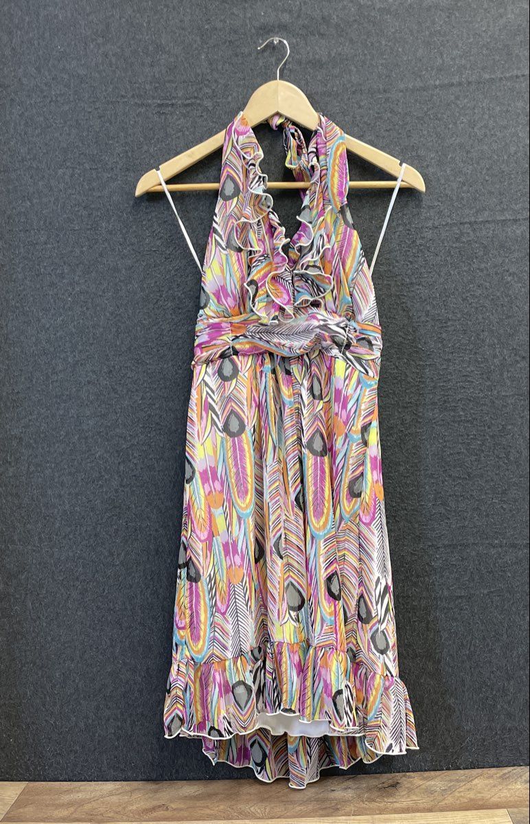 Jonathan Martin Women's Multicolor Peacock Ruffle Halter Dress Sz 6 NWT
