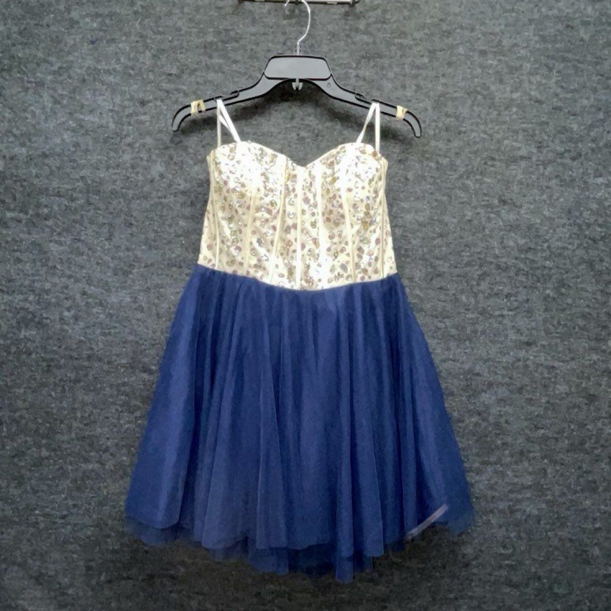 Women's Navy Blue Tulle Homecoming Dress Rhinestone Beaded Corset Bodice Sz M