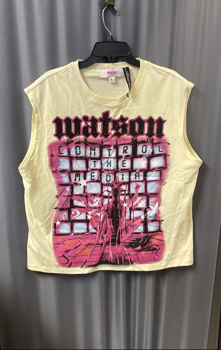 Watson Studios Men's Cream Chiffon Sleeveless Shirt Rhinestone Graphic Sz L