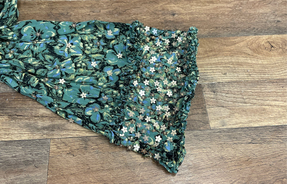Free People Women's Night Shimmer Green Floral Sequined Ruffle Tunic Dress Sz S