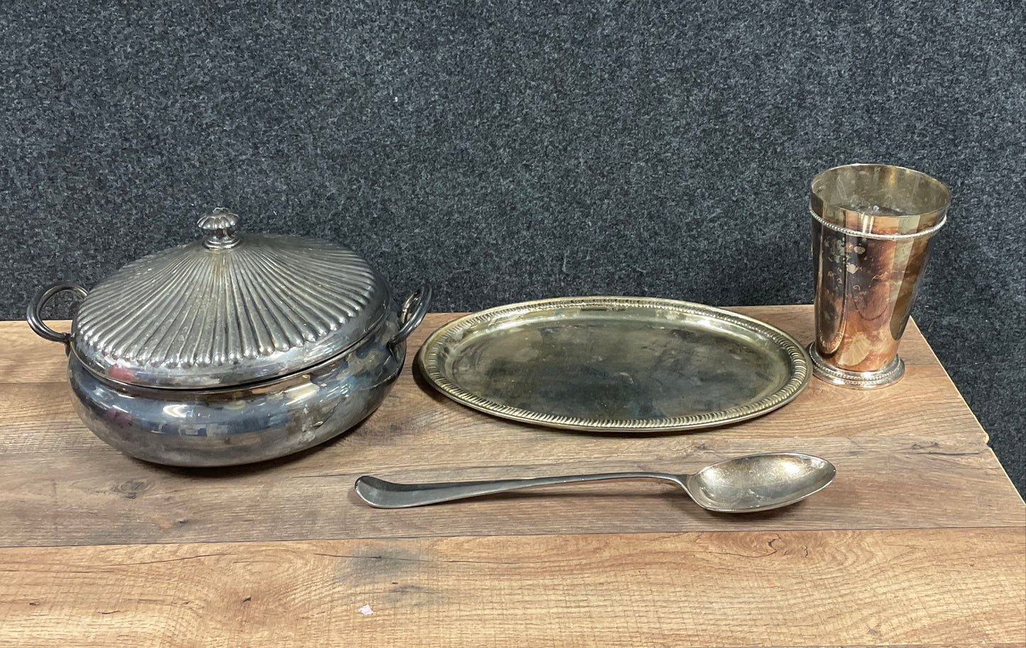 Vintage Silver Plate Holloware Serving Lot 4 Piece Tureen Tray Cup Spoon