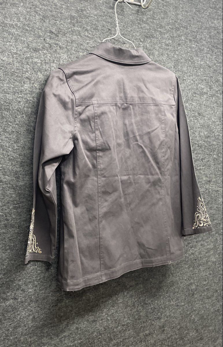 Quacker Factory Women's Gray Rhinestone Embroidered Button Front Jacket Sz S