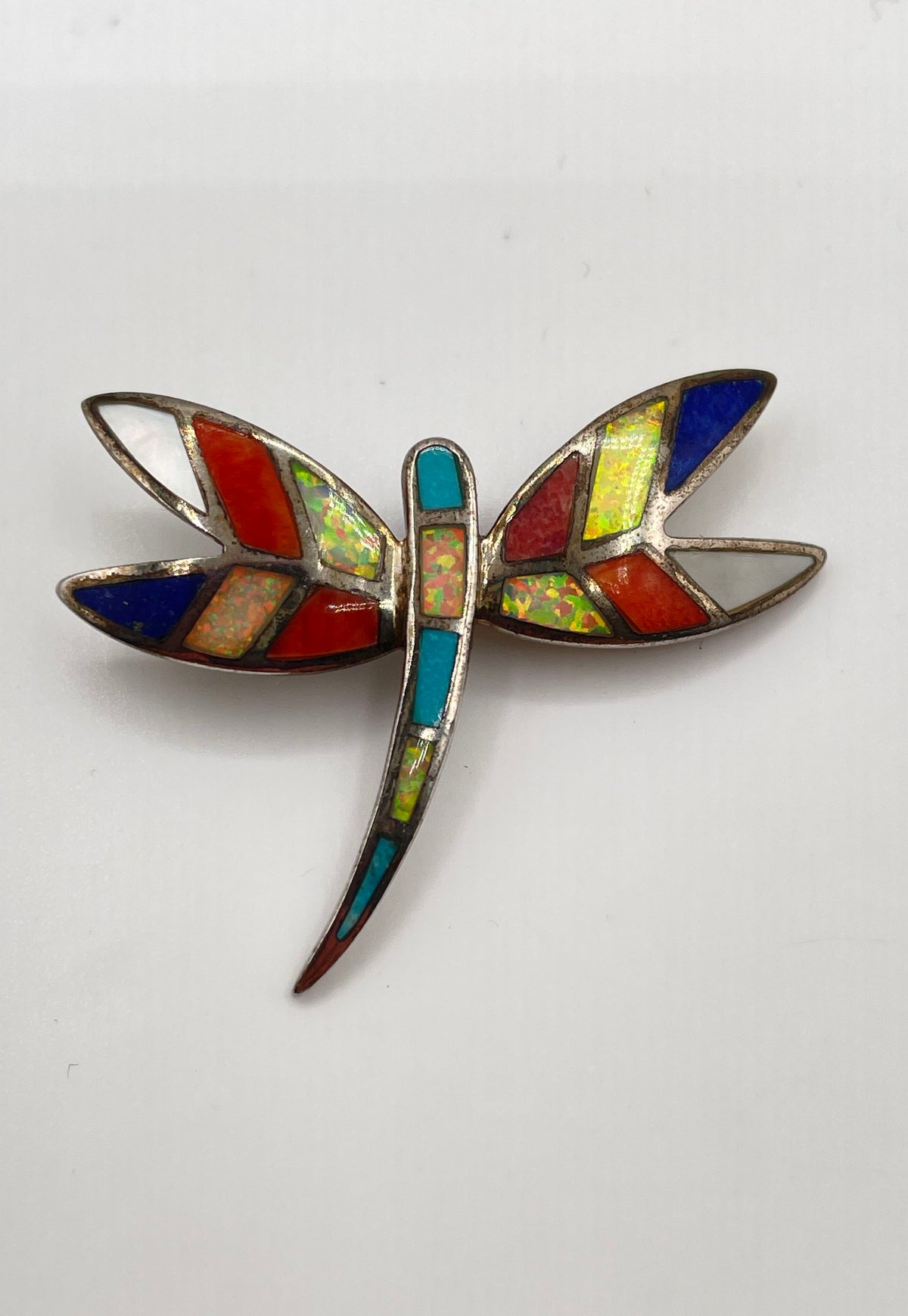 925 Sterling Silver Multicolor Stone Inlay Dragonfly Pendant 4.2g