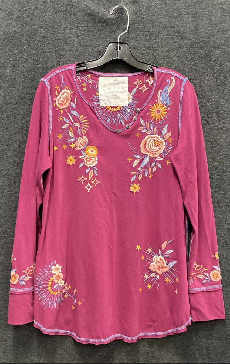 Caite Women's Magenta Floral Embroidered Long Sleeve Cotton Henley Top Sz S