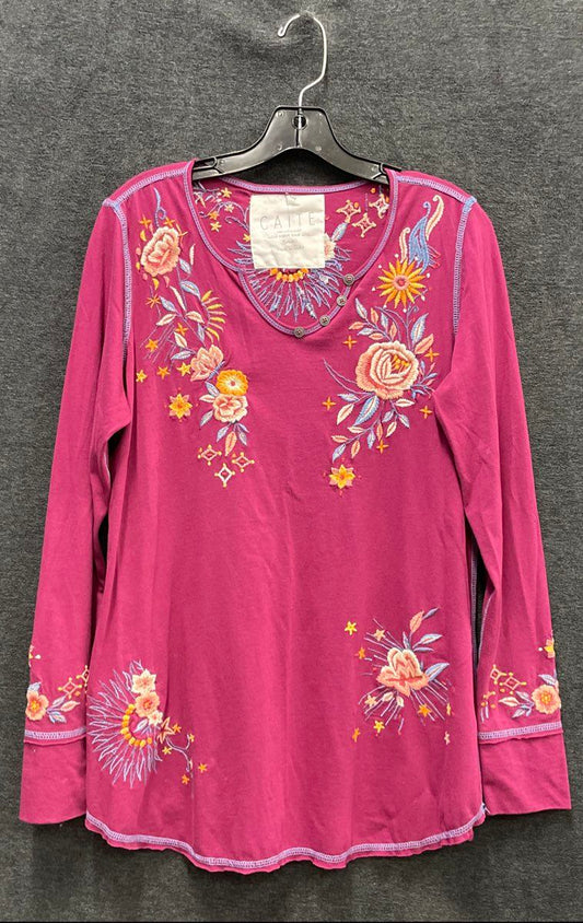 Caite Women's Magenta Floral Embroidered Long Sleeve Cotton Henley Top Sz S
