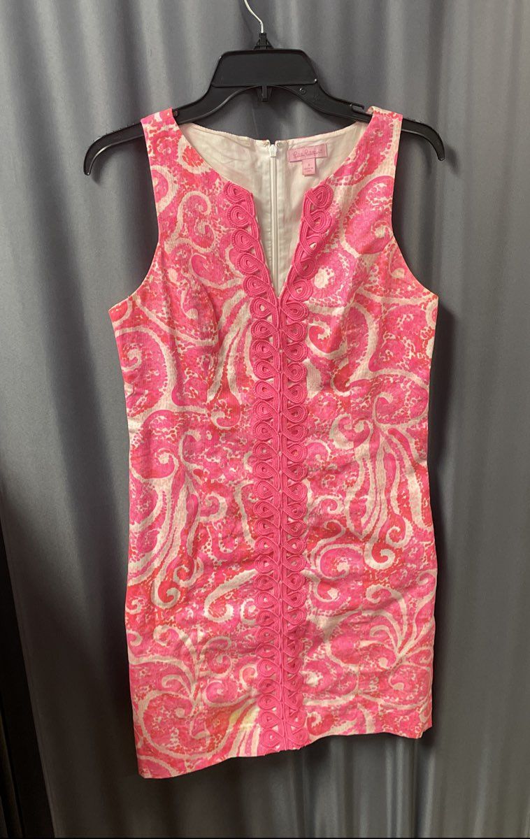 Lilly Pulitzer Women's Pink Paisley Pin V-Front Dress Soutache Trim Sz 4