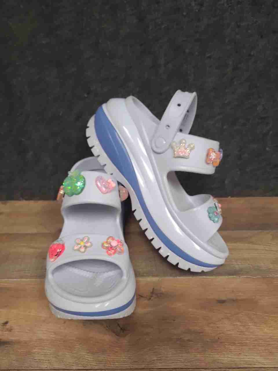 Crocs Mega Crush Triple Strap Sandal White Blue Platform Women's 9 Men's 7