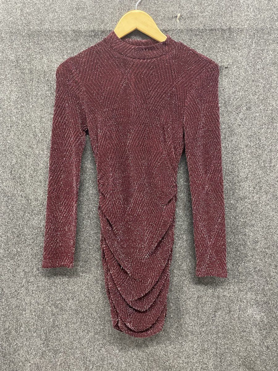Speechless Women's Burgundy Metallic Mock Neck Long Sleeve Ruched Mini Dress XS