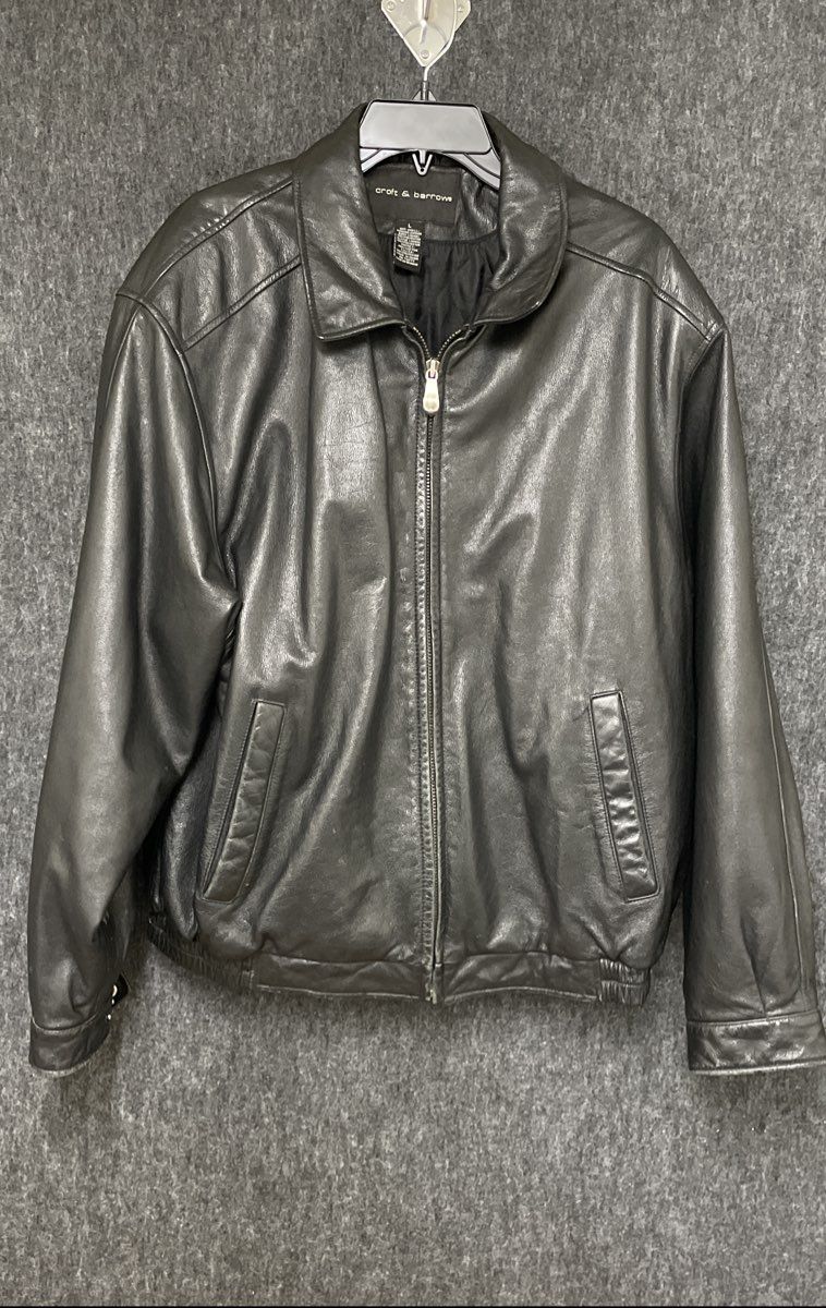 Croft & Barrow Men's Black Genuine Leather Full Zip Bomber Jacket Sz L