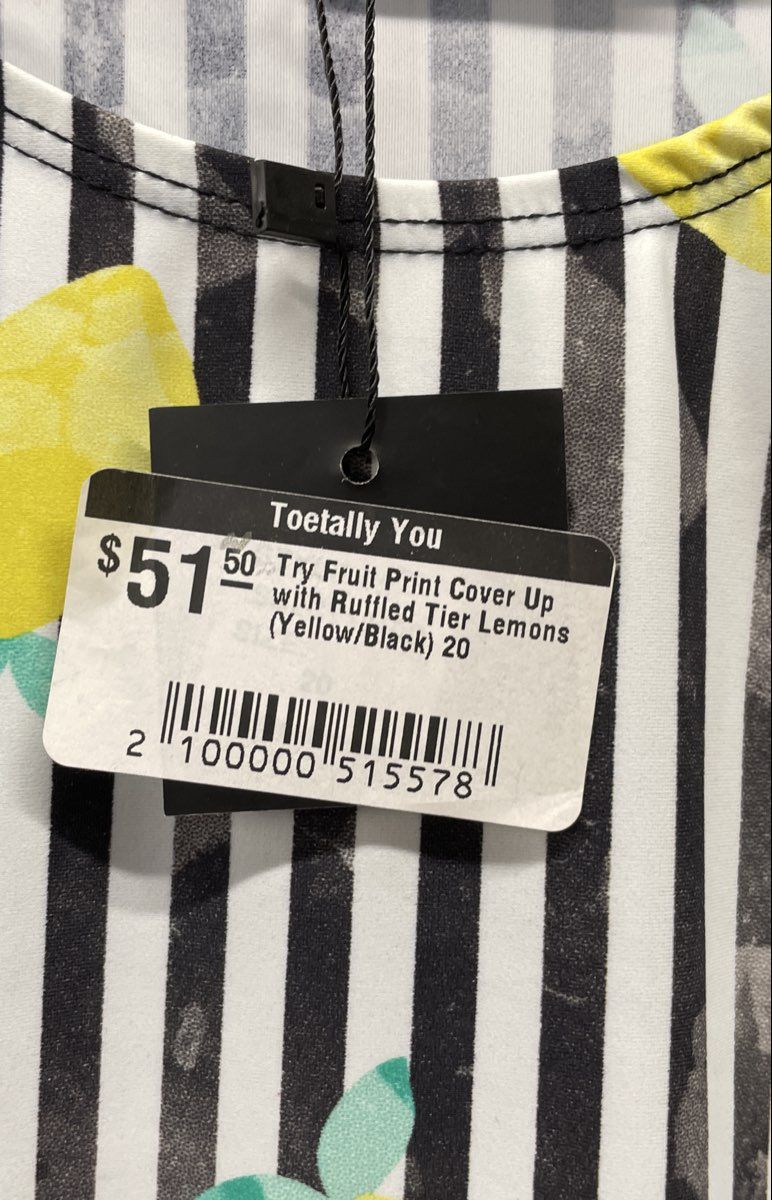 TRY Women's Fruit Print Cover Up Dress White Black Yellow Lemon Ruffled Sz 20