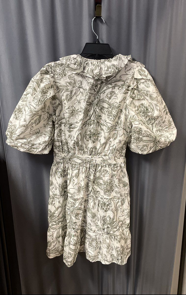 Caroline Constas Women's Green White Floral Ruffled Puff Sleeve Wrap Dress Sz S