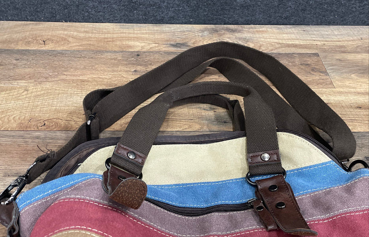 Classic Fashion Multi-Color Striped Fabric Satchel Crossbody Bag Brown Trim