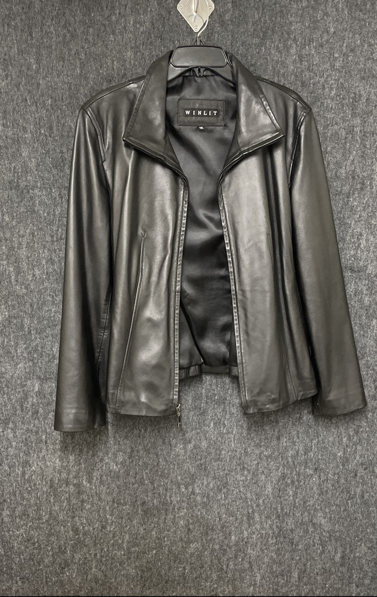 Winlit Women's Genuine Leather Jacket Black Vintage Y2K Full Zip Sz XL
