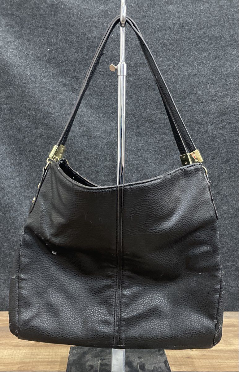 Anne Klein Black Pebbled Leather Hobo Shoulder Bag Gold Tone Hardware