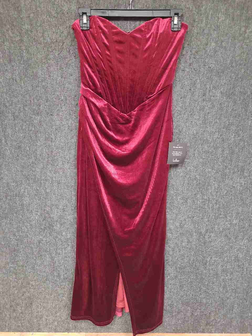 Lulus Women's Burgundy Velvet Strapless Corset Drape Slit Midi Dress NWT Sz S