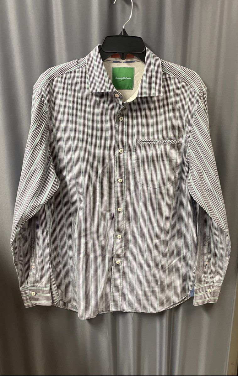 Tommy Bahama Men's Green Black Gingham Textured Stripe Button Down Shirt Sz M