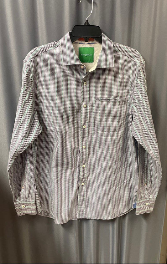 Tommy Bahama Men's Green Black Gingham Textured Stripe Button Down Shirt Sz M