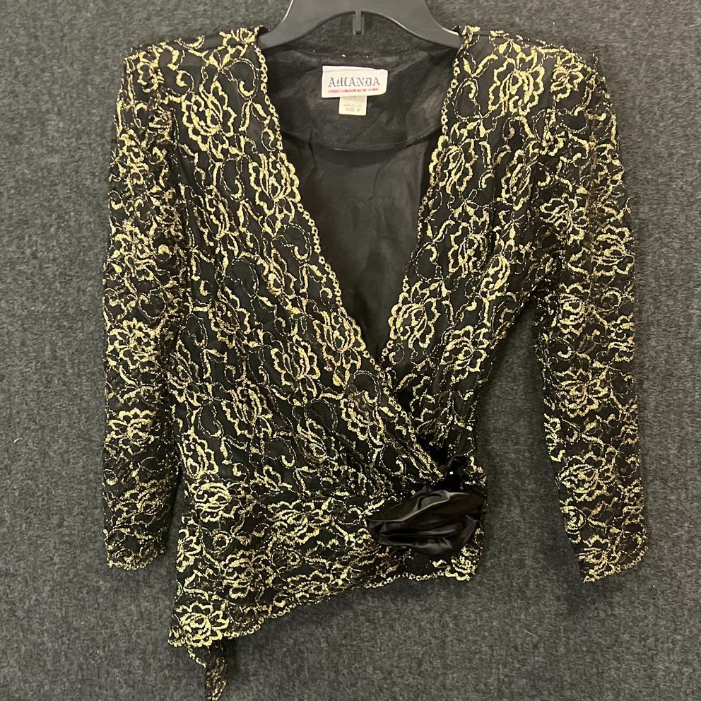 Vintage 80s Amanda Women's Gold Black Metallic Floral Lace Bolero Jacket Sz M
