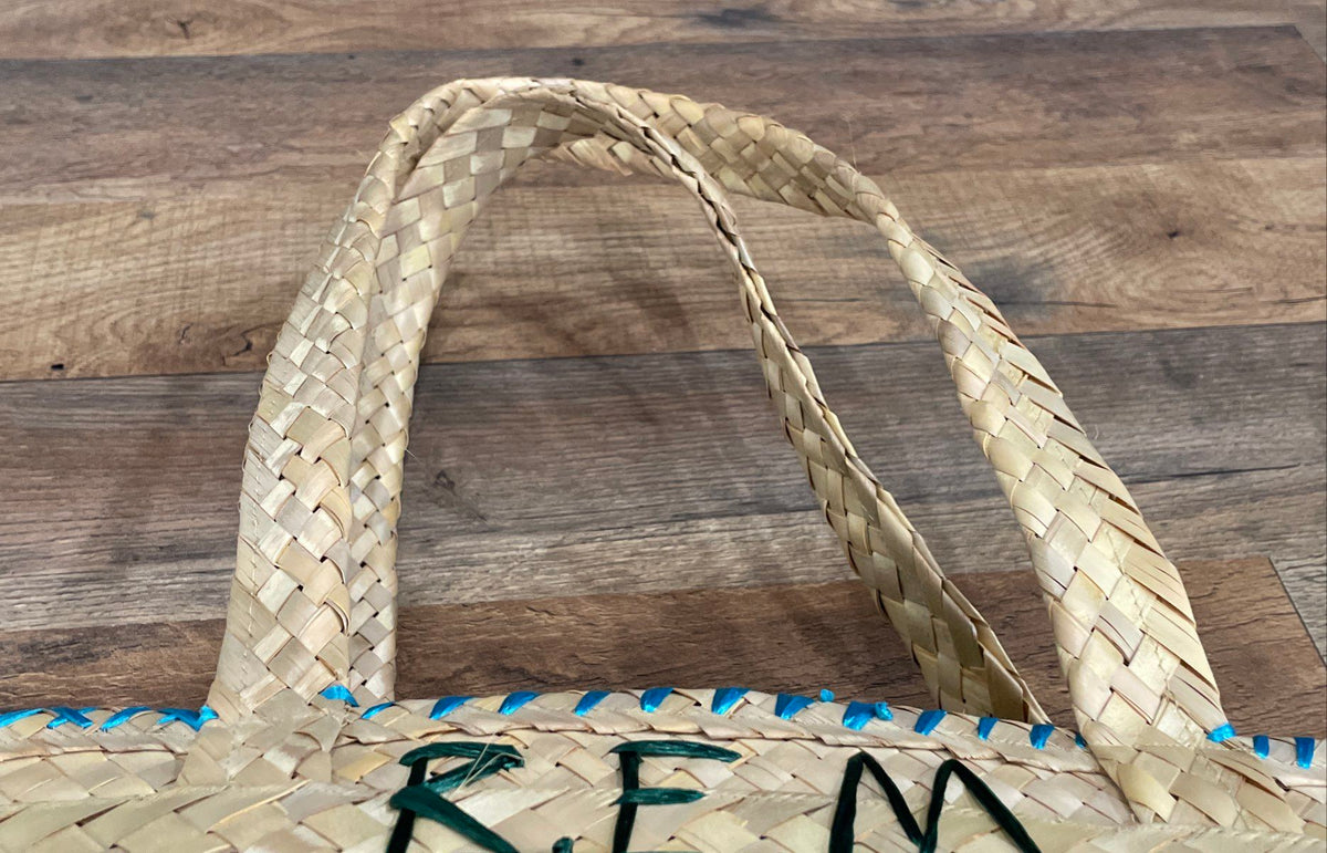 Vintage 80s B.E.M. Wood Design Bahamas Straw Tote Bag Flamingo Palm Tree COA