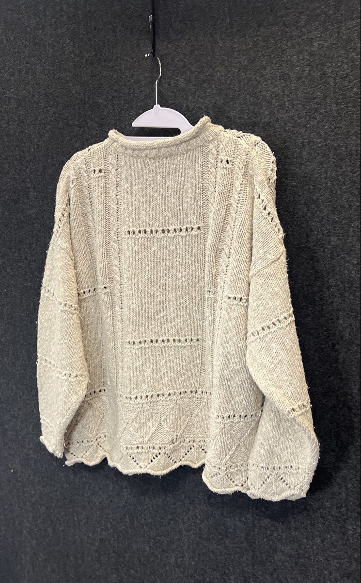 Tivoli Women's Vintage 90s Beige Pointelle Cable Knit Scalloped Sweater Sz M