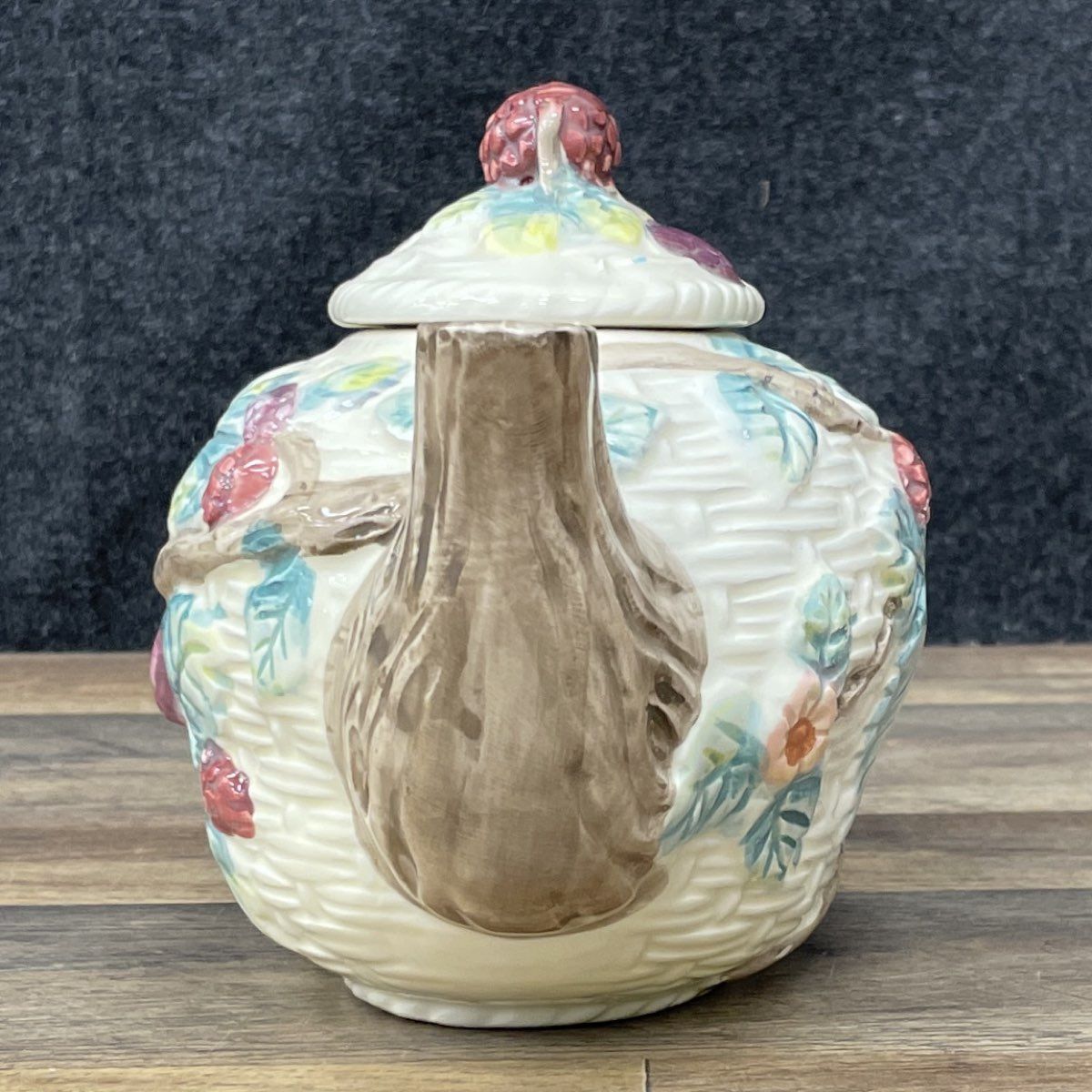 Vintage Majolica Style Blackberry Teapot Ceramic Basketweave Hand Painted