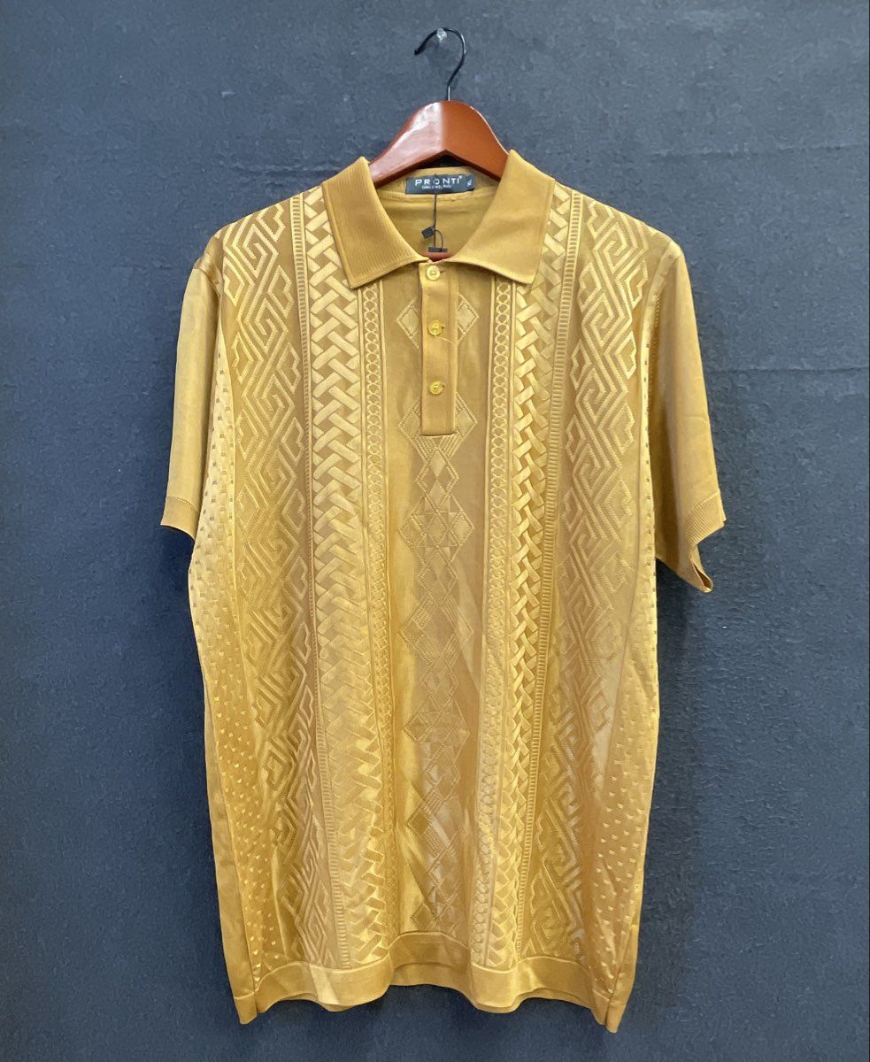 Pronti Men's Mustard Gold Geometric Knit Short Sleeve Polo Shirt Sz XL NWT
