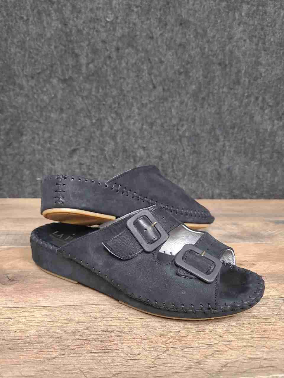 La Plume Black Leather Two-Strap Slide Sandals Made in Italy Size 37