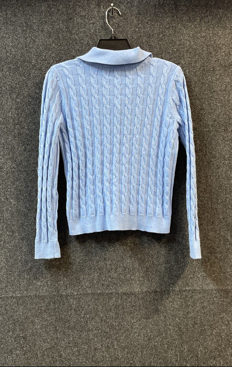 Talbots Women's Blue Cable Knit Polo Sweater Long Sleeve Button Pocket Sz SP