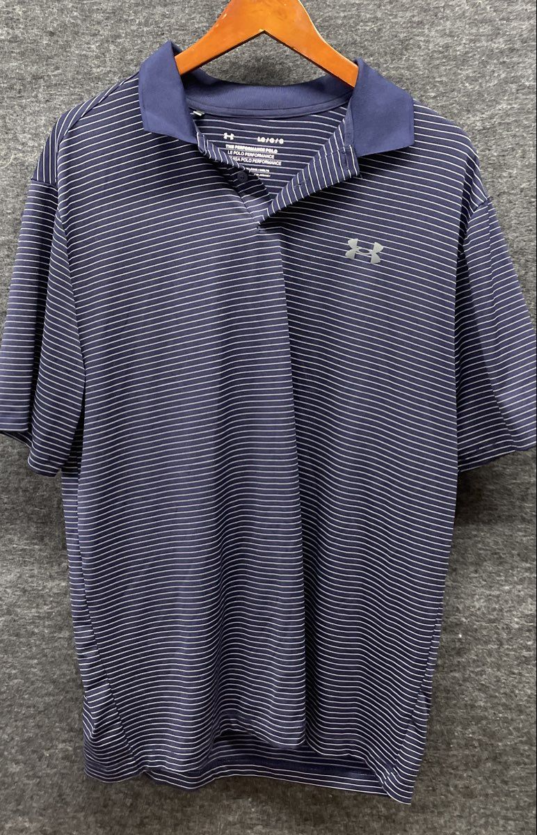 Under Armour Men's Navy Blue White Striped Performance Polo Shirt Sz L