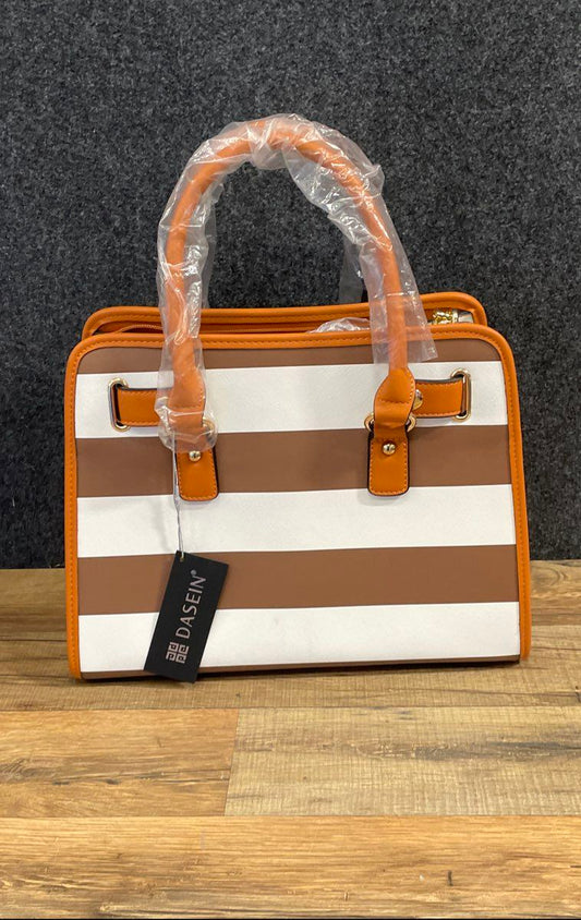NWT Dasein Brown White Striped Satchel Handbag Purse & Wallet Set Gold Hardware