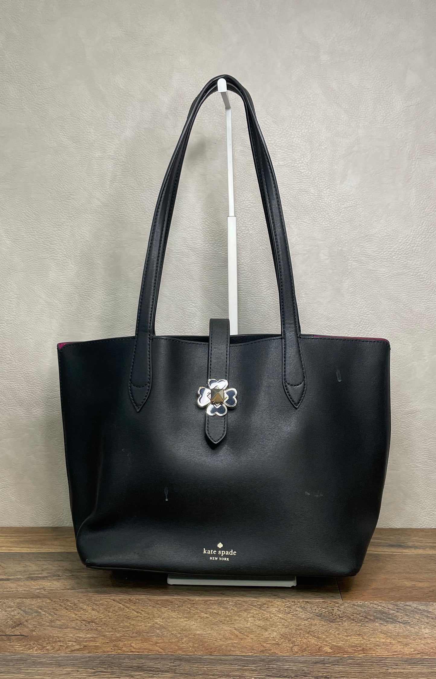 Kate Spade Black Leather Flower Twist Lock Tote Bag Pink Lining Medium
