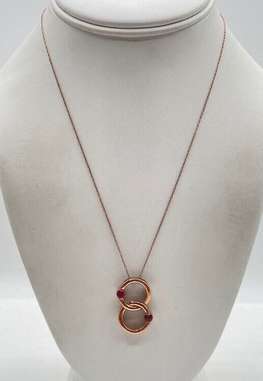 925 Sterling Rose Gold Tone Pink Stone Interlocking Circles Pendant Necklace 4g