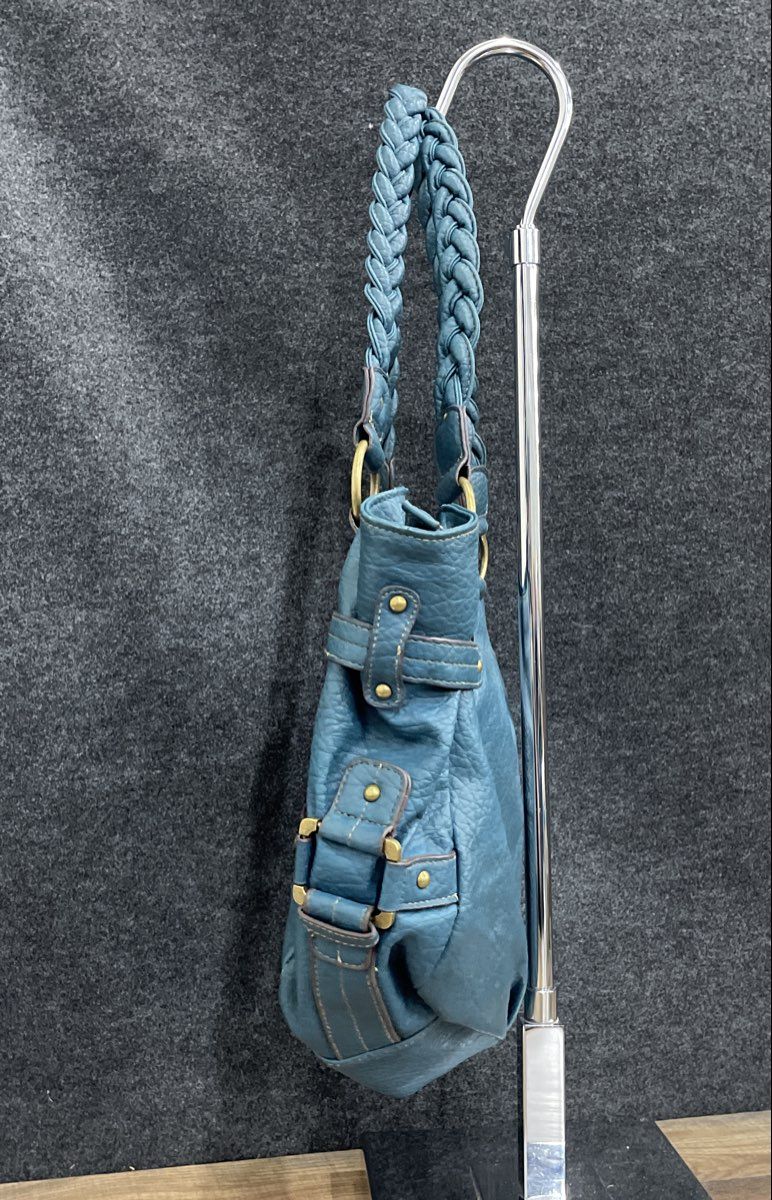 Teal Blue Leather Hobo Shoulder Bag Braided Handles Brass Hardware