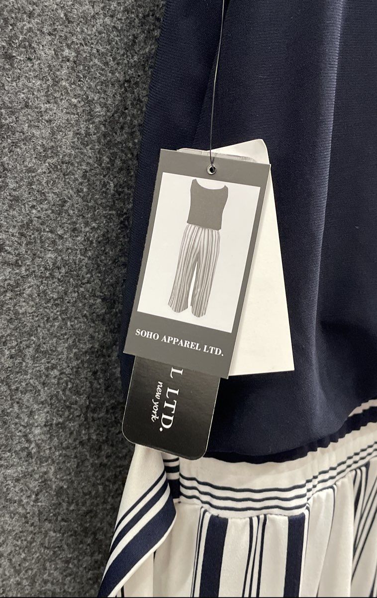 Soho Apparel Women's Navy Blue White Striped Wide Leg Cowl Neck Jumpsuit Sz L