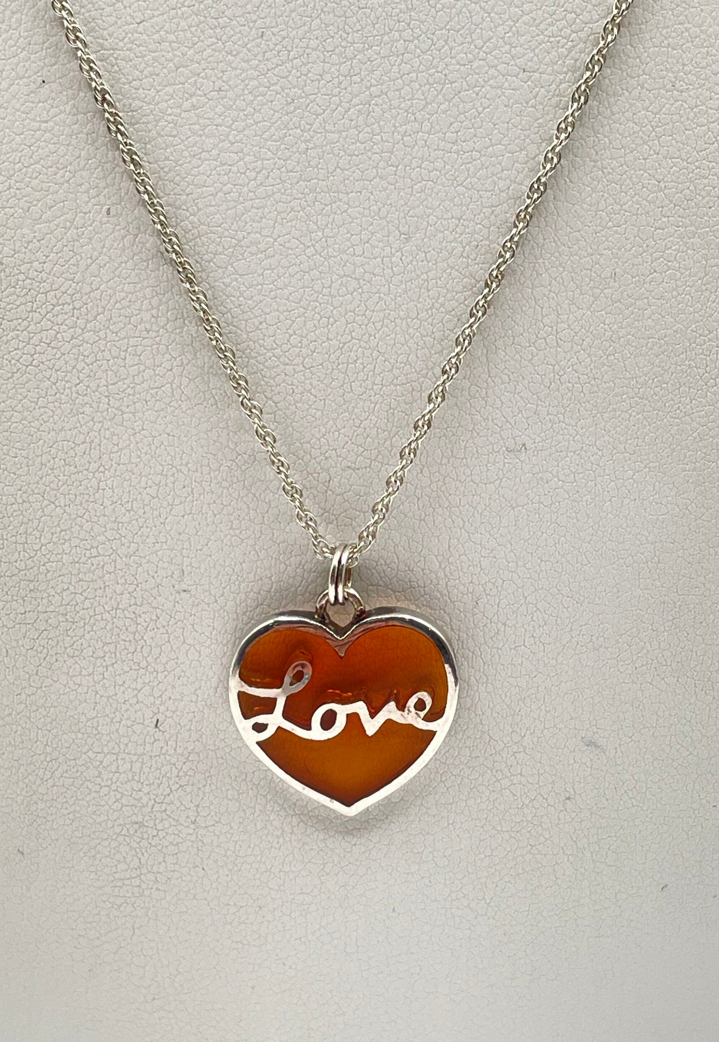 925 Sterling Silver Amber-Colored Resin 'Love' Heart Pendant Necklace 4g