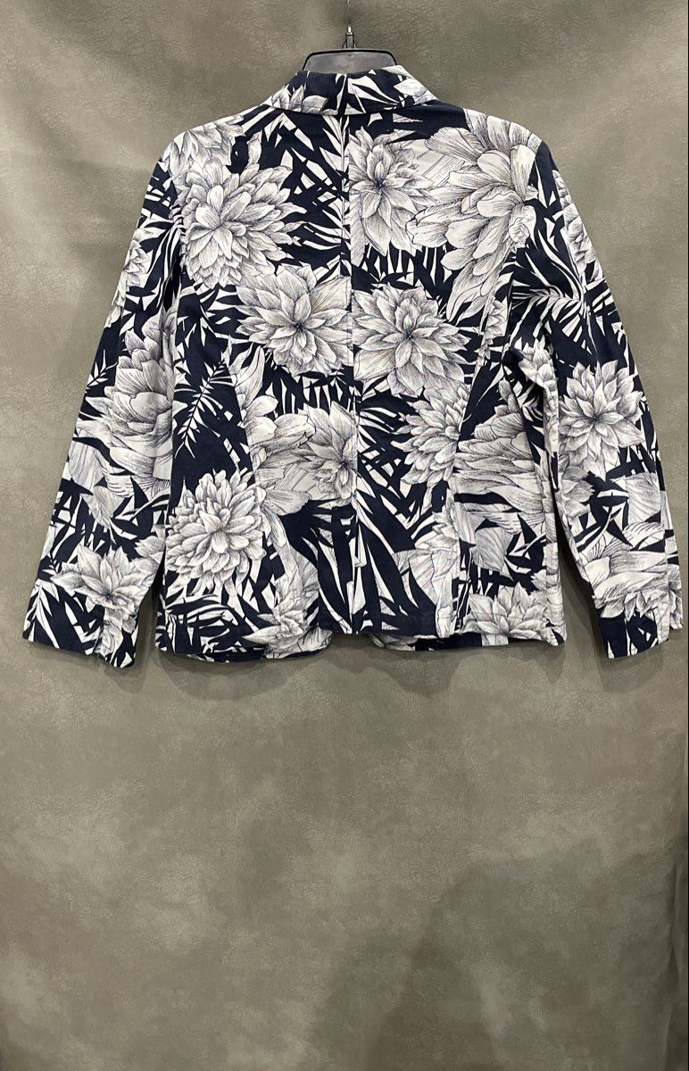 Chico's Women's Navy Blue Floral Cotton Button Up Blazer Jacket Sz 2