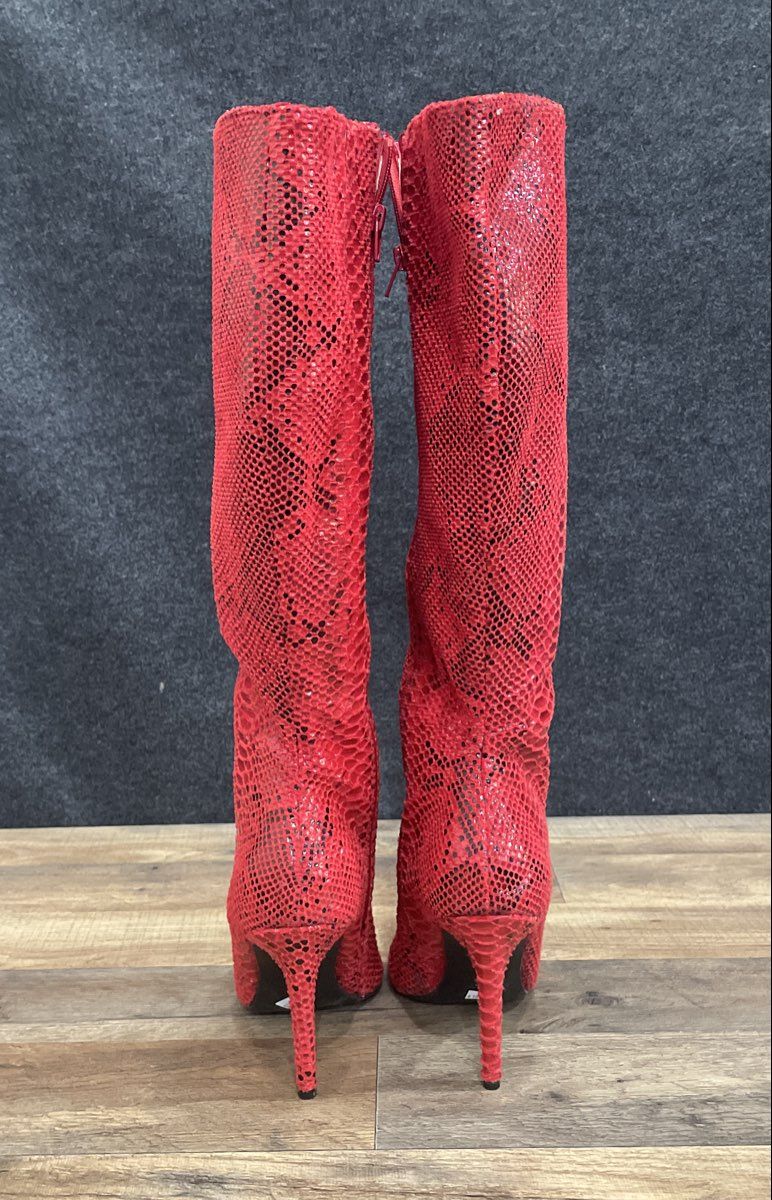 INC International Concepts Rajel Red Snakeskin Knee High Stiletto Boots Size 9