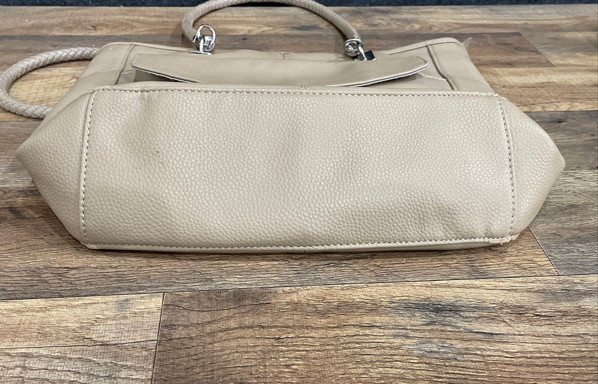 Taupe Grey Pebbled Leather Tote Shoulder Bag Braided Handles Silver Hardware