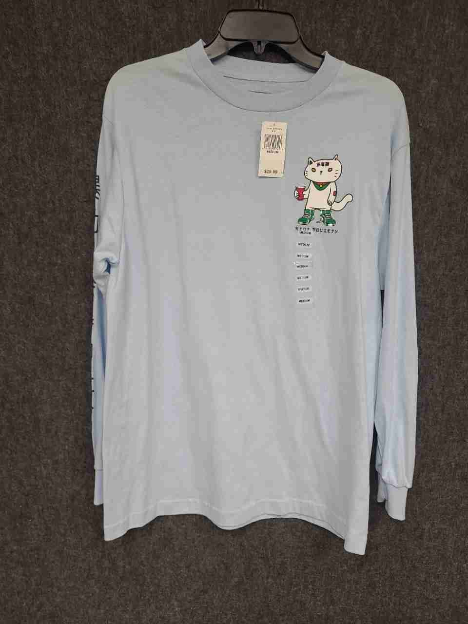 Riot Society Men's Light Blue Lucky Cat Noodle Box Long Sleeve Shirt Sz M NWT