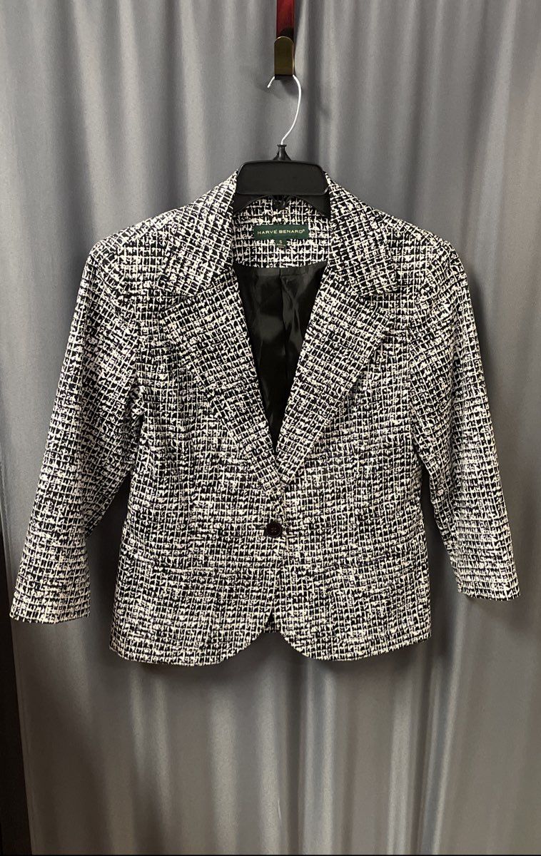 Harve Benard Women's Black White Grid Print Cotton Stretch Blazer Size S