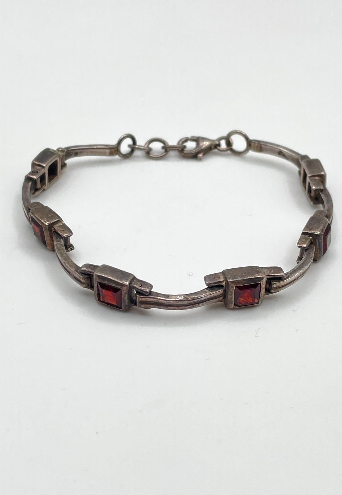 925 Sterling Silver Garnet Accent Bar-And-Box Link Bracelet 17.9g *Damaged*