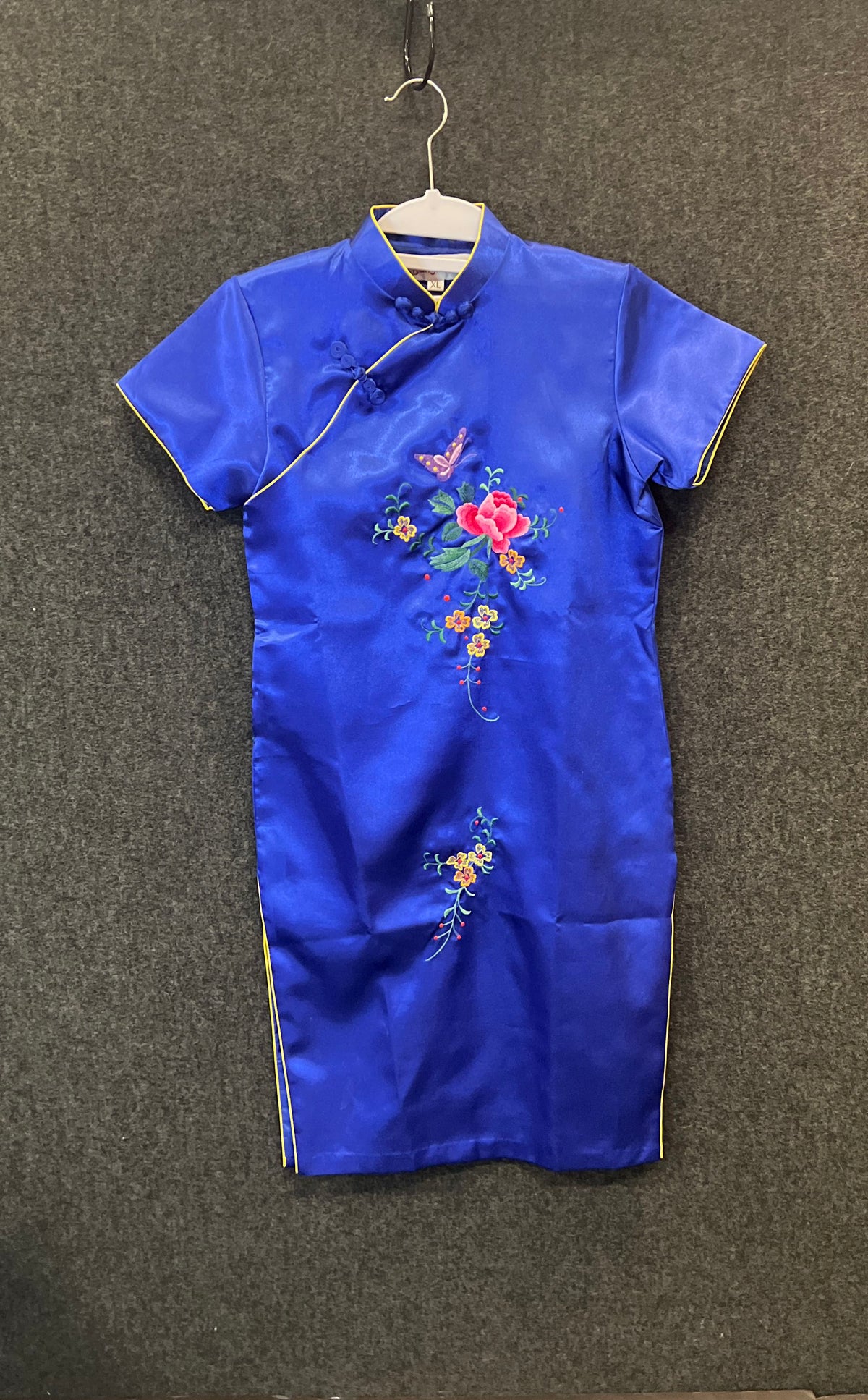 Cangri Women's Blue Satin Floral Embroidered Cheongsam Qipao Dress Sz XL