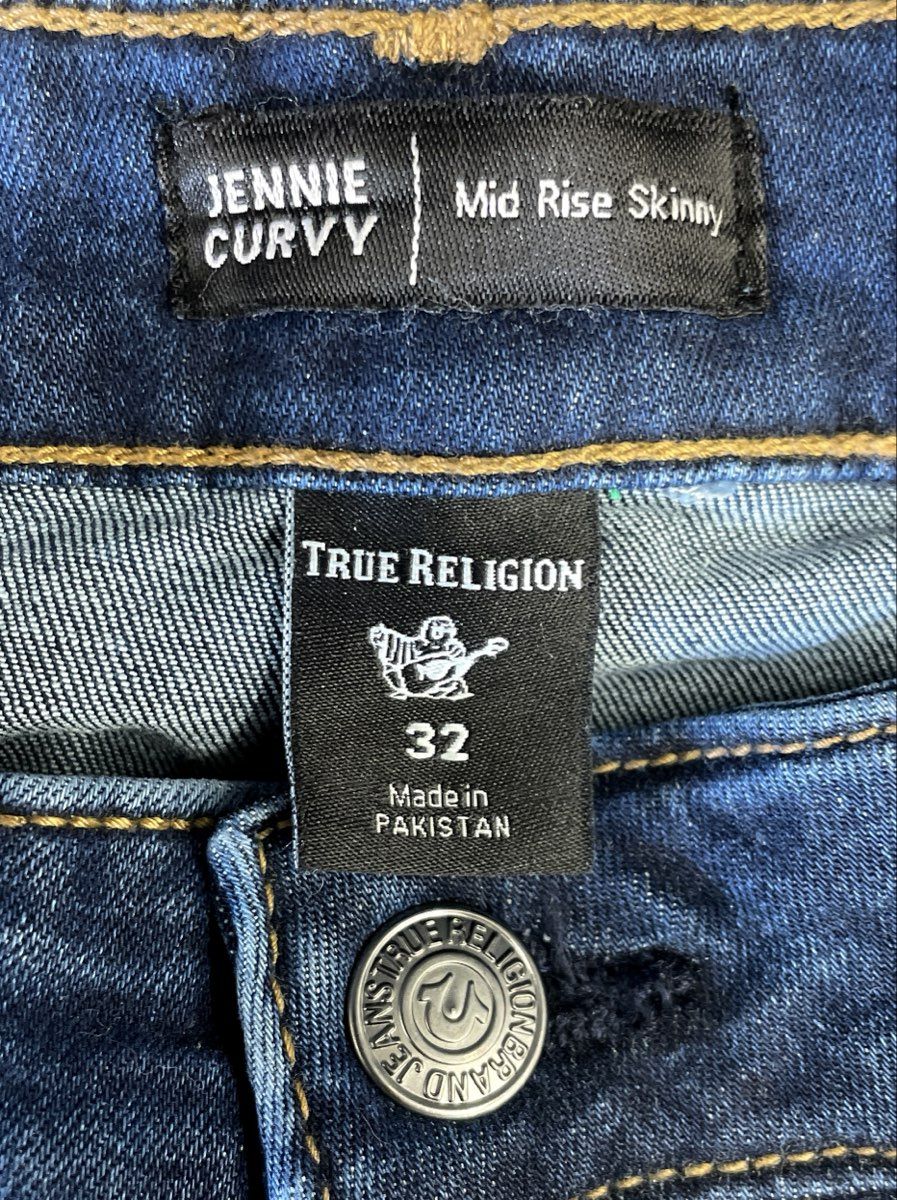 True Religion Women's Jennie Curvy Mid Rise Skinny Dark Wash Jeans NWT 32