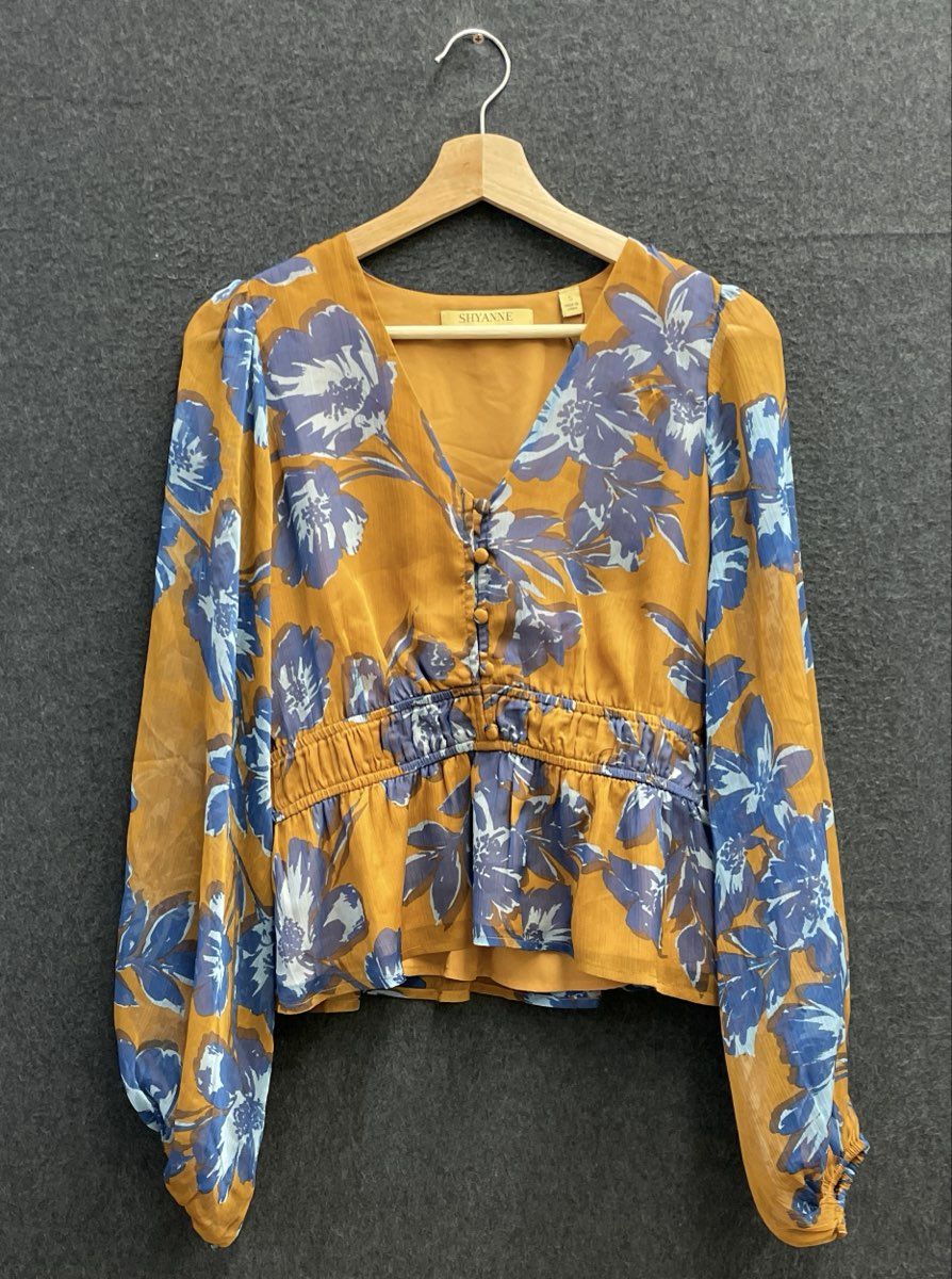 Shyanne Women's Yellow Blue Floral Peplum Blouse V-Neck Long Sleeve NWT Sz S