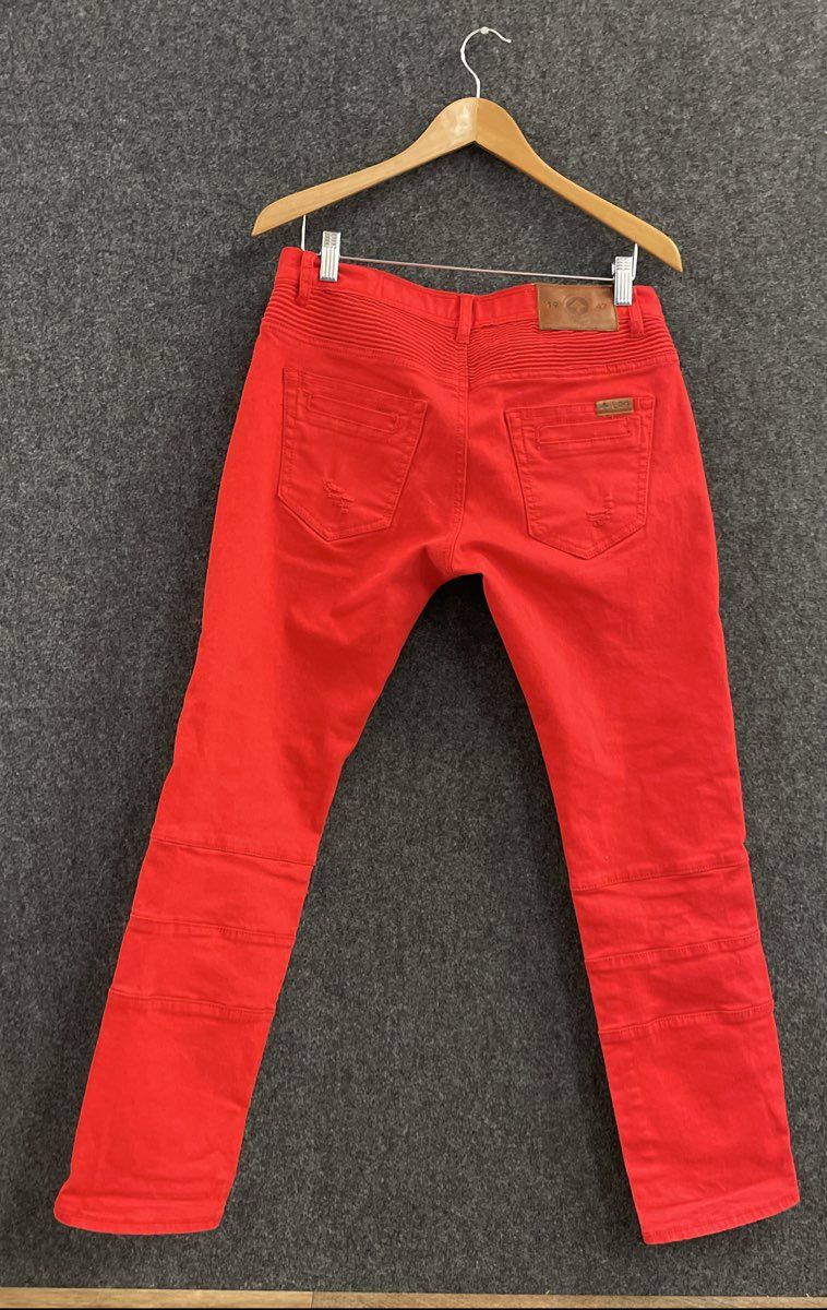 LRG Men's Red Moto Biker Distressed Ribbed True Tapered Jeans Sz 30