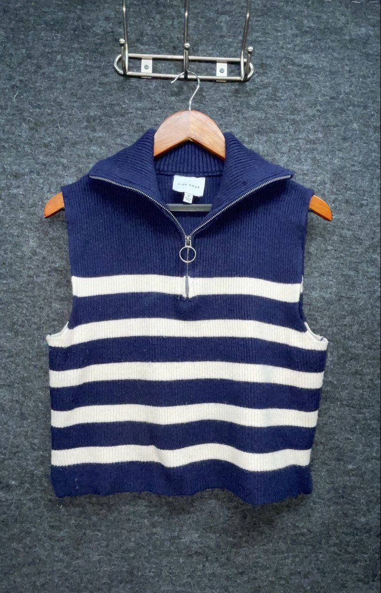 Pink Rose Women's Navy Blue Striped 1/4 Zip Sweater Vest Wide Leg Pant Set Sz M