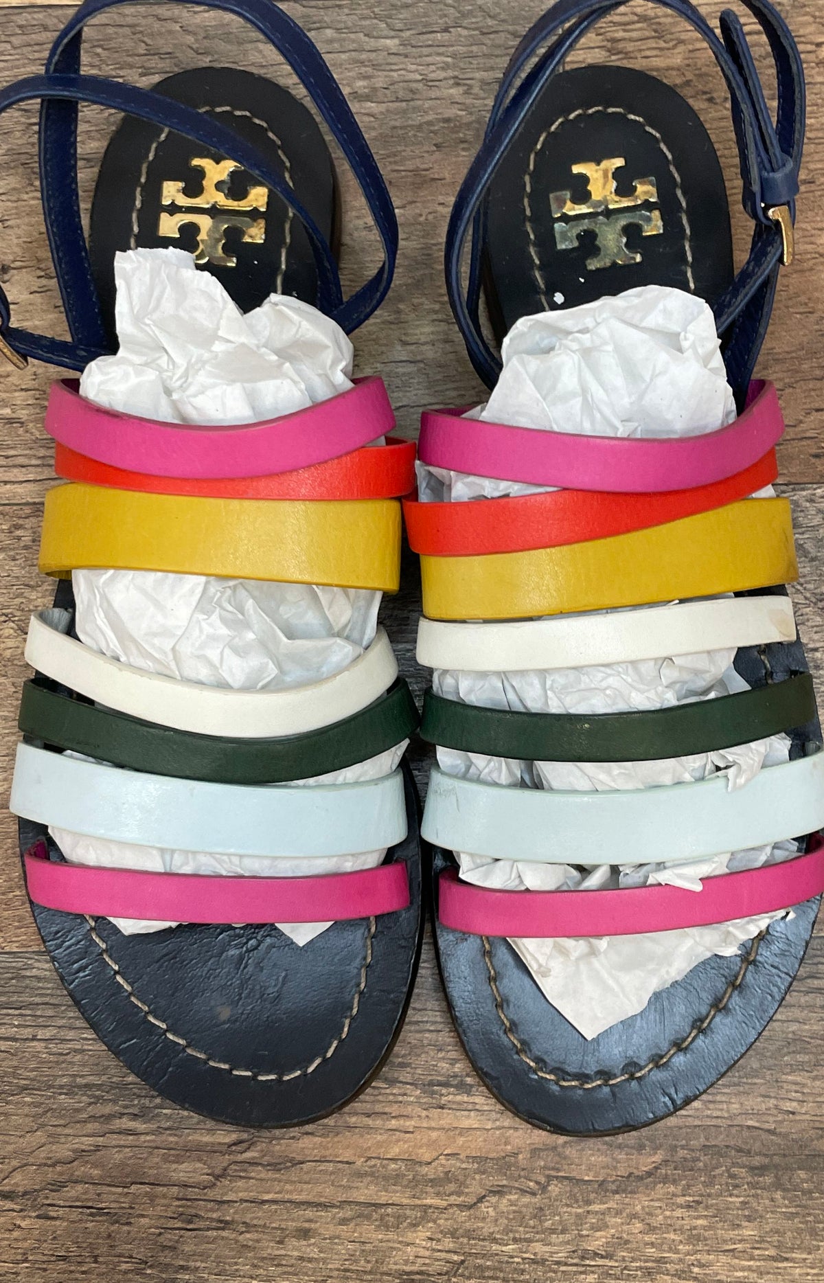 Tory Burch Multicolor Strappy Leather Slingback Flat Sandals Size 5.5M
